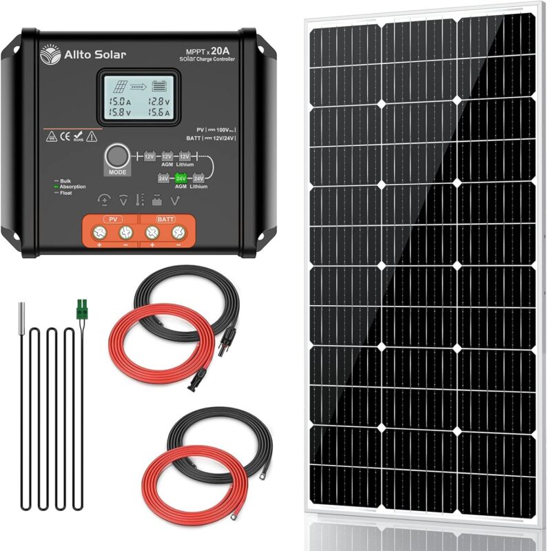 Allto Solar 100 Watt 12 Volt Solar Panel Kit with 100W 12V High Efficiency Monocrystalline Solar Panel, 20A MPPT Charge Controller, Extension Cable for RV Camper Boat Trailer Vehicle Off Grid System