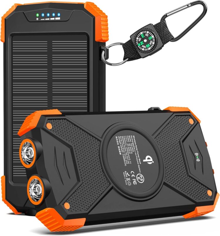 BLAVOR Solar Charger Power Bank, 10,000mAh Portable Wireless Charger with USB C Input/Output for Cell Phones, External Battery Pack with Dual Flashlight for Camping (Orange)