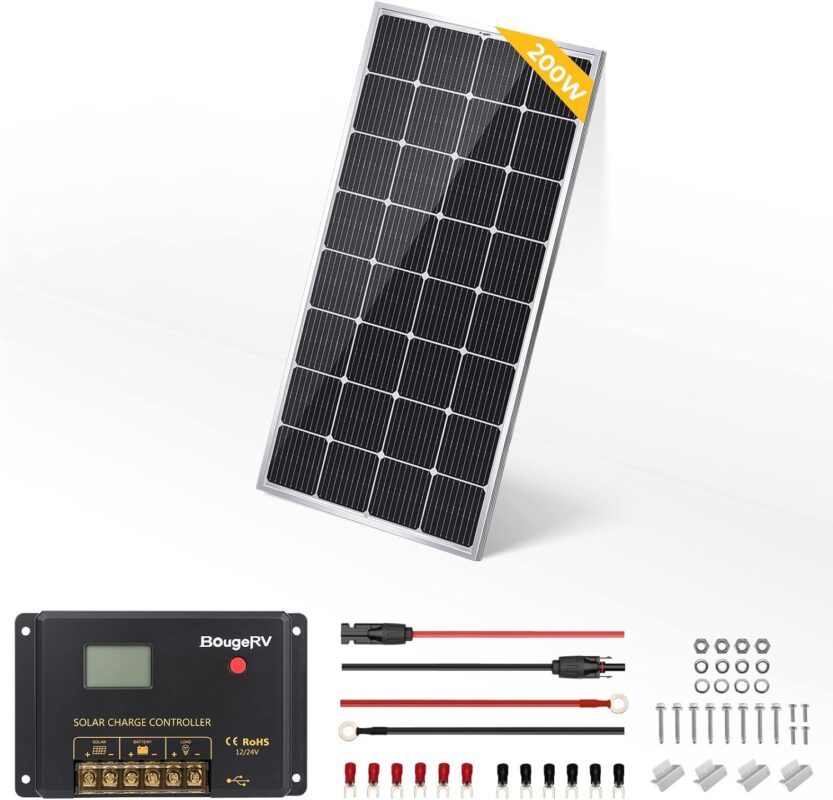 BougeRV 200 Watt Solar Panel Starter Kits, 9BB Mono Include 30A 12V/24V PWM Negative Ground Solar Controller, Solar Cables, and Mounting Z-Brackets for Off-Grid Life and Camping (200W*1)