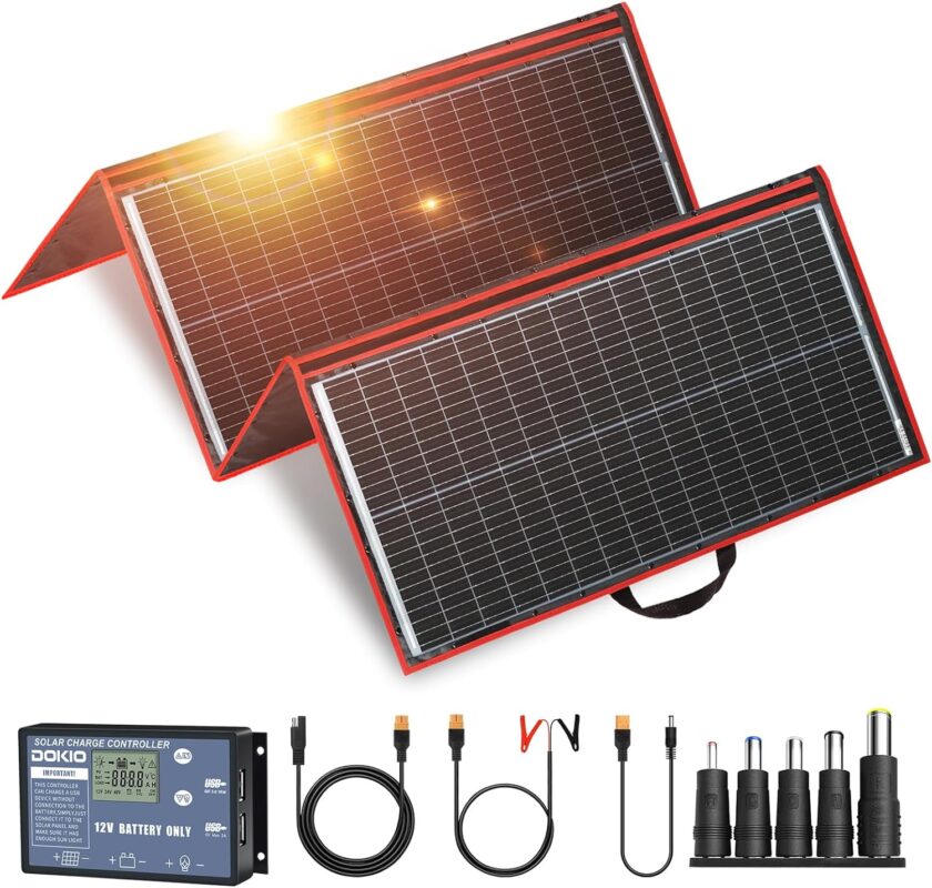 DOKIO 220W 18V Portable Solar Panel Kit Folding Solar Charger with 2 USB Outputs for 12v Batteries/Power Station AGM LiFePo4 RV Camping Trailer Car Marine