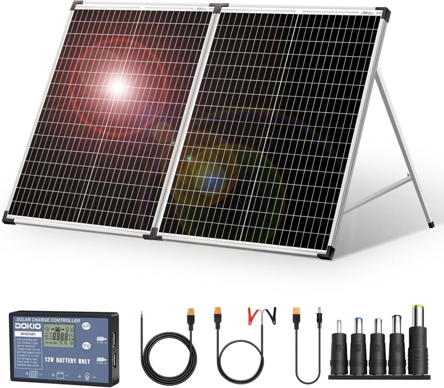 DOKIO Portable Foldable 150W 18v Solar Suitcase Monocrystalline, Folding Solar Panel Kit with Controller to Charge 12 Volts Batteries (AGM Lead/Acid Types Vented Gel) RV Camping Boat