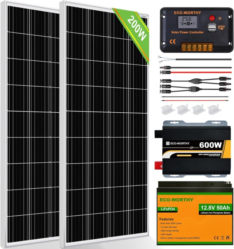 ECO-WORTHY 200 Watt 12V Complete Solar Panel Starter Kit for RV Off Grid with Battery and Inverter: 200W Solar Panels+30A Charge Controller+50Ah Lithium Battery+600W Solar Power Inverter