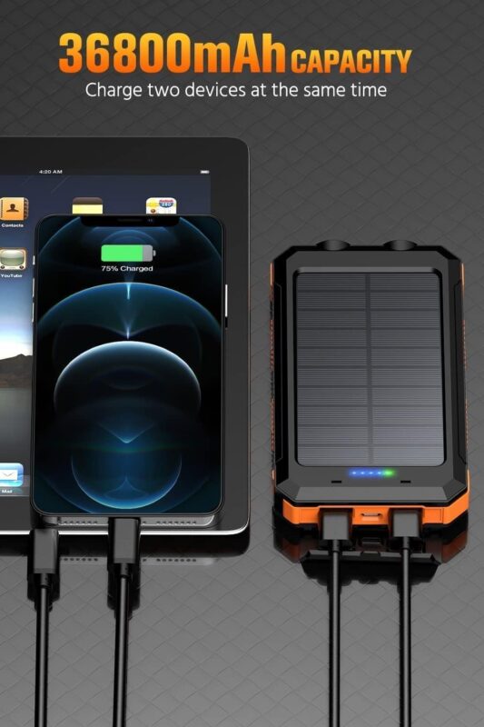 Feeke Solar-Charger-Power-Bank - 36800mAh Portable Charger,QC3.0 Fast Charger Dual USB Port Built-in Led Flashlight and Compass for All Cell Phone and Electronic Devices(Deep Orange)