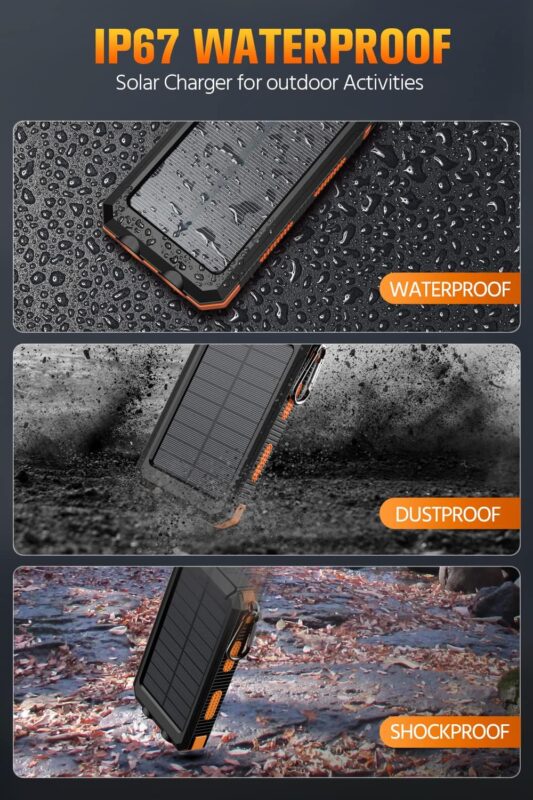 Feeke Solar-Charger-Power-Bank - 36800mAh Portable Charger,QC3.0 Fast Charger Dual USB Port Built-in Led Flashlight and Compass for All Cell Phone and Electronic Devices(Deep Orange)