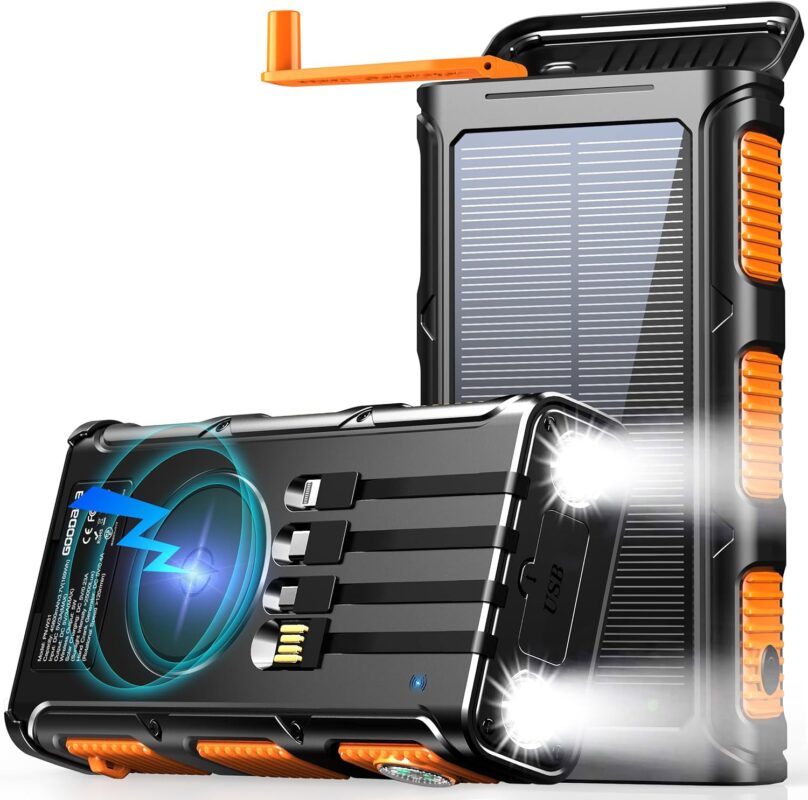 GOODaaa Power Bank Wireless Charger 45800mAh Built in Hand Crank and 4 Cables 15W Fast Charging Power Bank 7 Outputs  4 Inputs Solar Portable Charger, SOS/Strobe/Strong Flashlights, Compass (Orange)