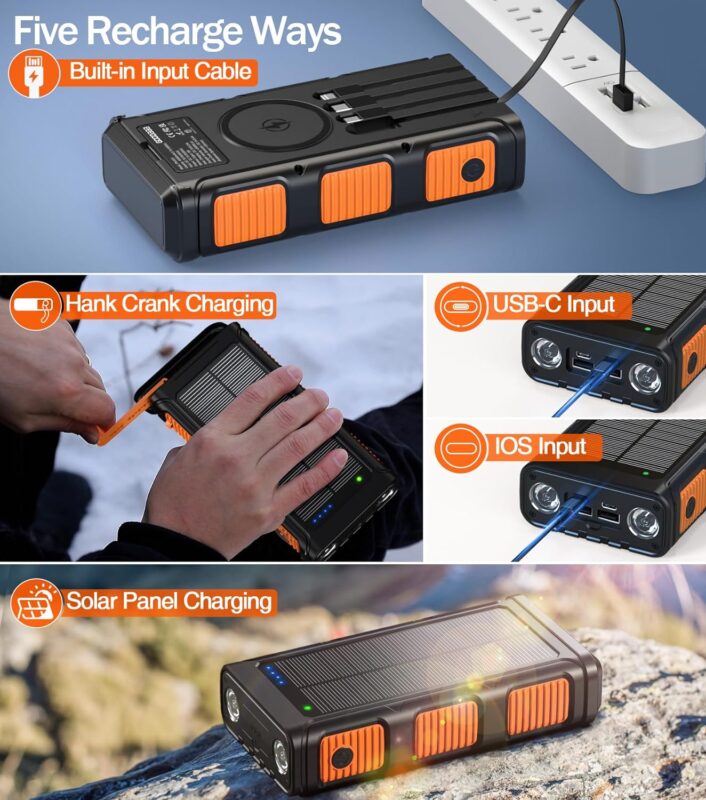 GOODaaa Power Bank Wireless Charger 45800mAh Built in Hand Crank and 4 Cables 15W Fast Charging Power Bank 7 Outputs  4 Inputs Solar Portable Charger, SOS/Strobe/Strong Flashlights, Compass (Orange)