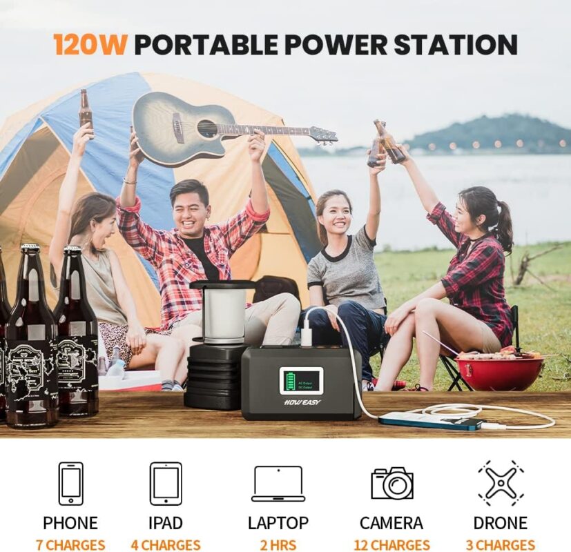 HOWEASY 120W Portable Power Station, 88WH Solar Generator, Lithium Battery Power with 2 110V AC (Peak 150W) Socket/ 3 DC Ports/2 USB QC3.0/LED Light for CPAP Outdoor Camping Trip Hunting Emergency