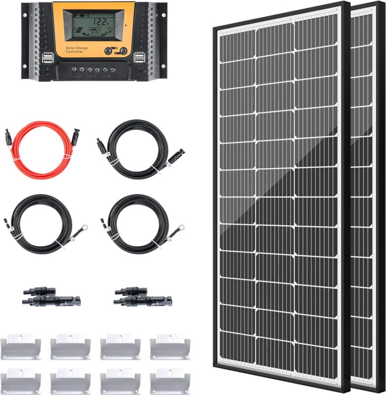 JJN 200 Watt Solar Panel Kit 12V Monocrystalline Solar Panels with 30A PWM 12V/24V Charge Controller 2 Pair Solar Panel Cables Connectors Brackets for RV Boats Trailer Marine Home Off-Grid System