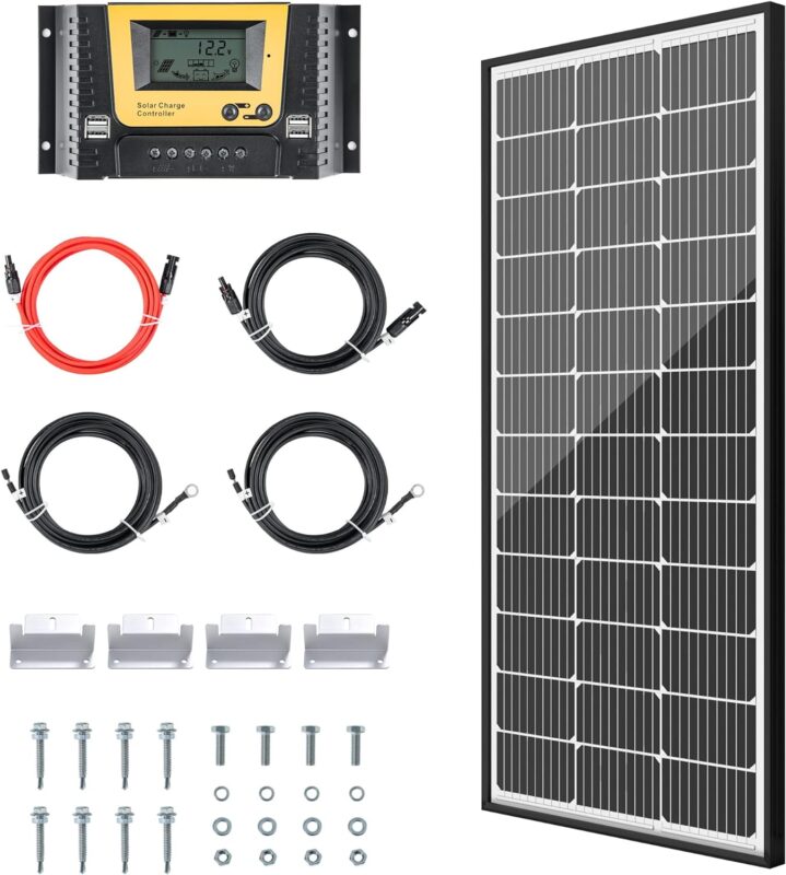 JJN 200 Watt Solar Panel Kit 12V Monocrystalline Solar Panels with 30A PWM 12V/24V Charge Controller 2 Pair Solar Panel Cables Connectors Brackets for RV Boats Trailer Marine Home Off-Grid System