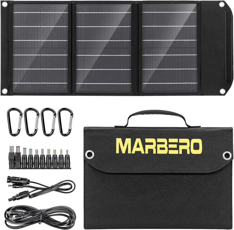 MARBERO 30W Solar Panel, Foldable Solar Panel Battery Charger for Portable Power Station Generator, iPhone, Ipad, Laptop, QC3.0 USB Ports  DC Output(10 Connectors) for Outdoor Camping Van RV Trip