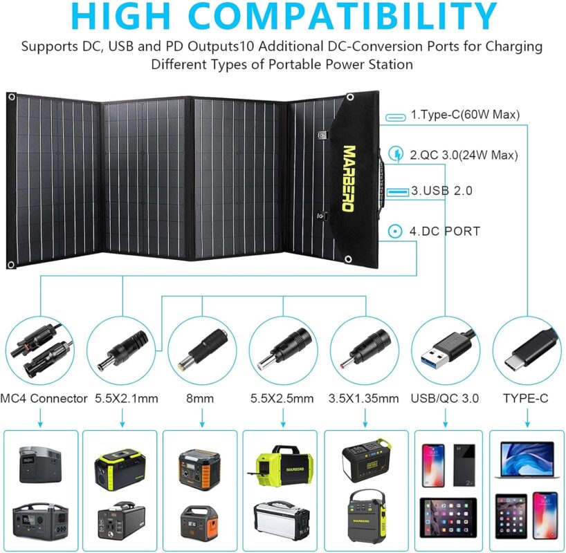 MARBERO 30W Solar Panel, Foldable Solar Panel Battery Charger for Portable Power Station Generator, iPhone, Ipad, Laptop, QC3.0 USB Ports  DC Output(10 Connectors) for Outdoor Camping Van RV Trip