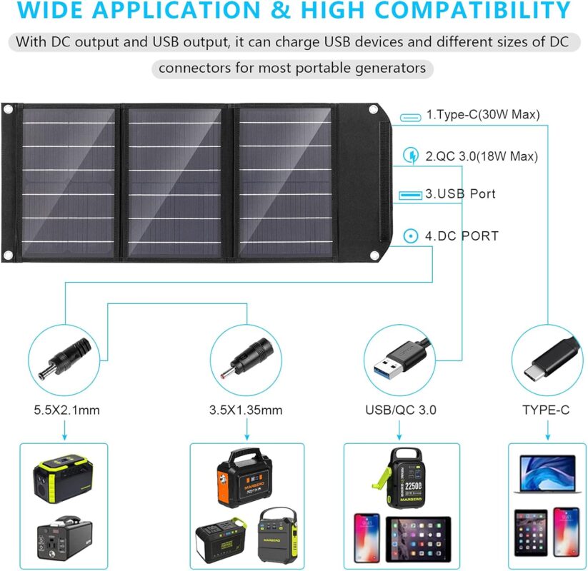 MARBERO 30W Solar Panel, Foldable Solar Panel Battery Charger for Portable Power Station Generator, iPhone, Ipad, Laptop, QC3.0 USB Ports  DC Output(10 Connectors) for Outdoor Camping Van RV Trip