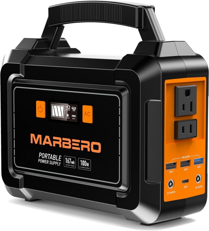 MARBERO Portable Power Station 200W Peak Solar Generator 167Wh Camping Battery Power Supply with 110V AC Outlet 2 DC Ports 4 USB Ports LED for CPAP Travel Fishing Camping Hunting Blackout Emergency