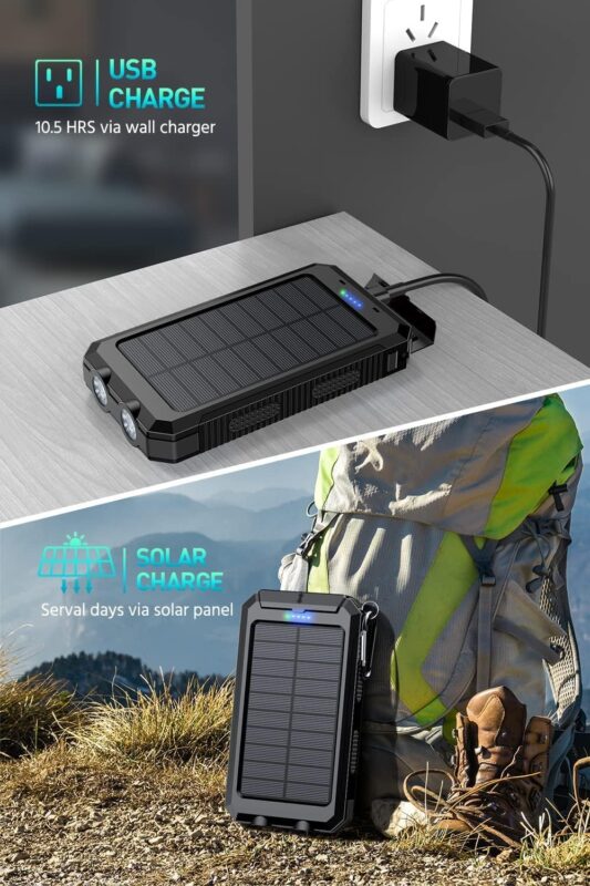 Mregb Power Bank,Solar Charger,36800mAh 5V3.1A QC 3.0 Dual 2 USB Port Built-in Powerful Flashlight IPX7(Deep Black)