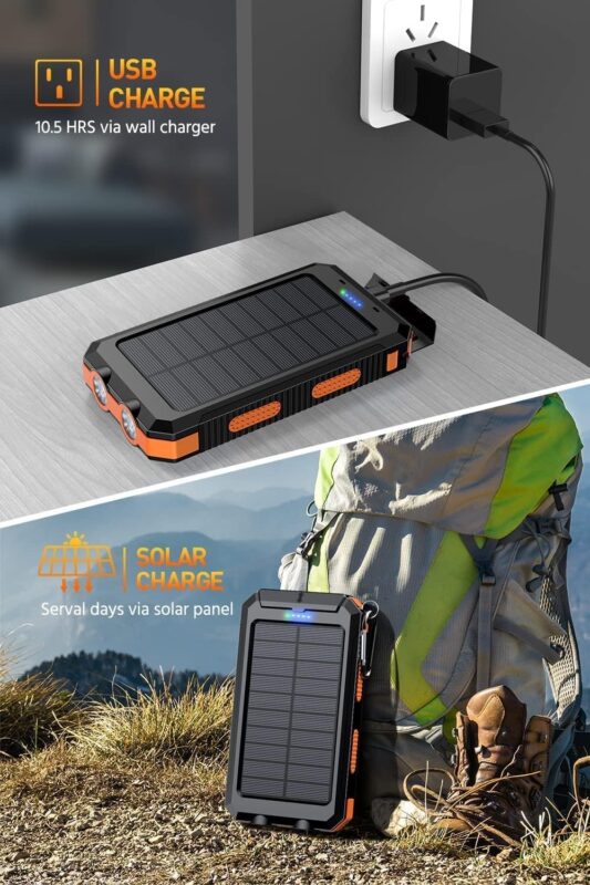 Mregb Power Bank,Solar Charger,36800mAh 5V3.1A QC 3.0 Dual 2 USB Port Built-in Powerful Flashlight IPX7(Deep Black)