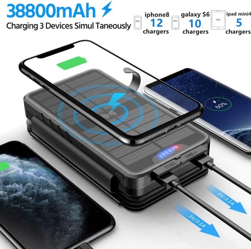 Solar Charger 38800mAh Solar Power Bank with Dual 5V3.1A Outputs 10W Qi Wireless Charger Waterproof Built-in Solar Panel and Bright Flashlights