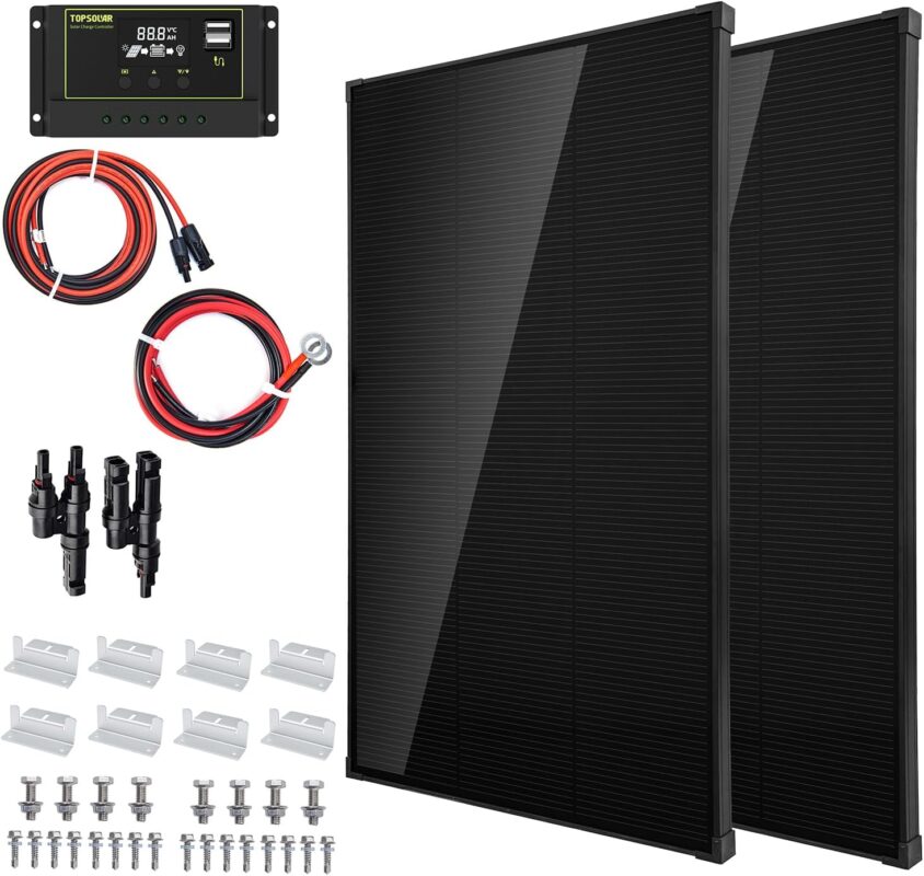 Topsolar Solar Panel Kit 340（2 * 170W) Watt 12 Volt Monocrystalline Off Grid System for Homes RV Boat + 30A 12V/24V Solar Charge Controller + Solar Cables + Z-Brackets for Mounting