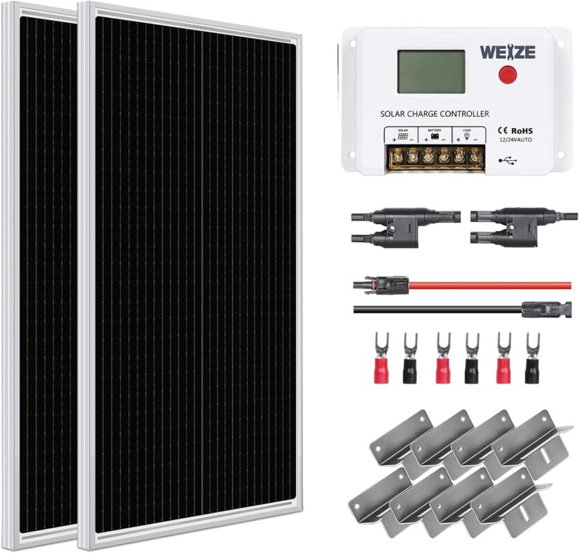 Weize 200W 12 Volt Solar Panel Starter Kit with 30A PWM Charge Controller, High Efficiency Monocrystalline PV Module for Home, Camping, Boat, Caravan, RV and Other Off Grid Applications